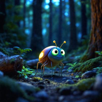The primary subject of the image is a small, colorful, and cartoon-like creature, possibly a grasshopper or a similar insect, standing on a dirt path in a forest. The setting is a wooded area with trees surrounding the creature. The visual style of the image is a digital art or illustration, giving it a vibrant and lively appearance. The colors and mood of the image are predominantly green and brown, creating a natural and serene atmosphere.